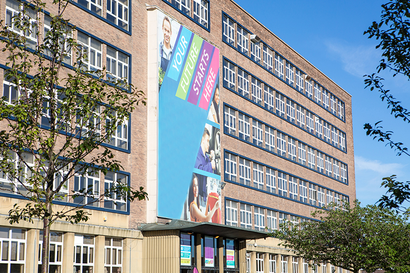 A side-angle shot of Ashington Campus at Northumberland College